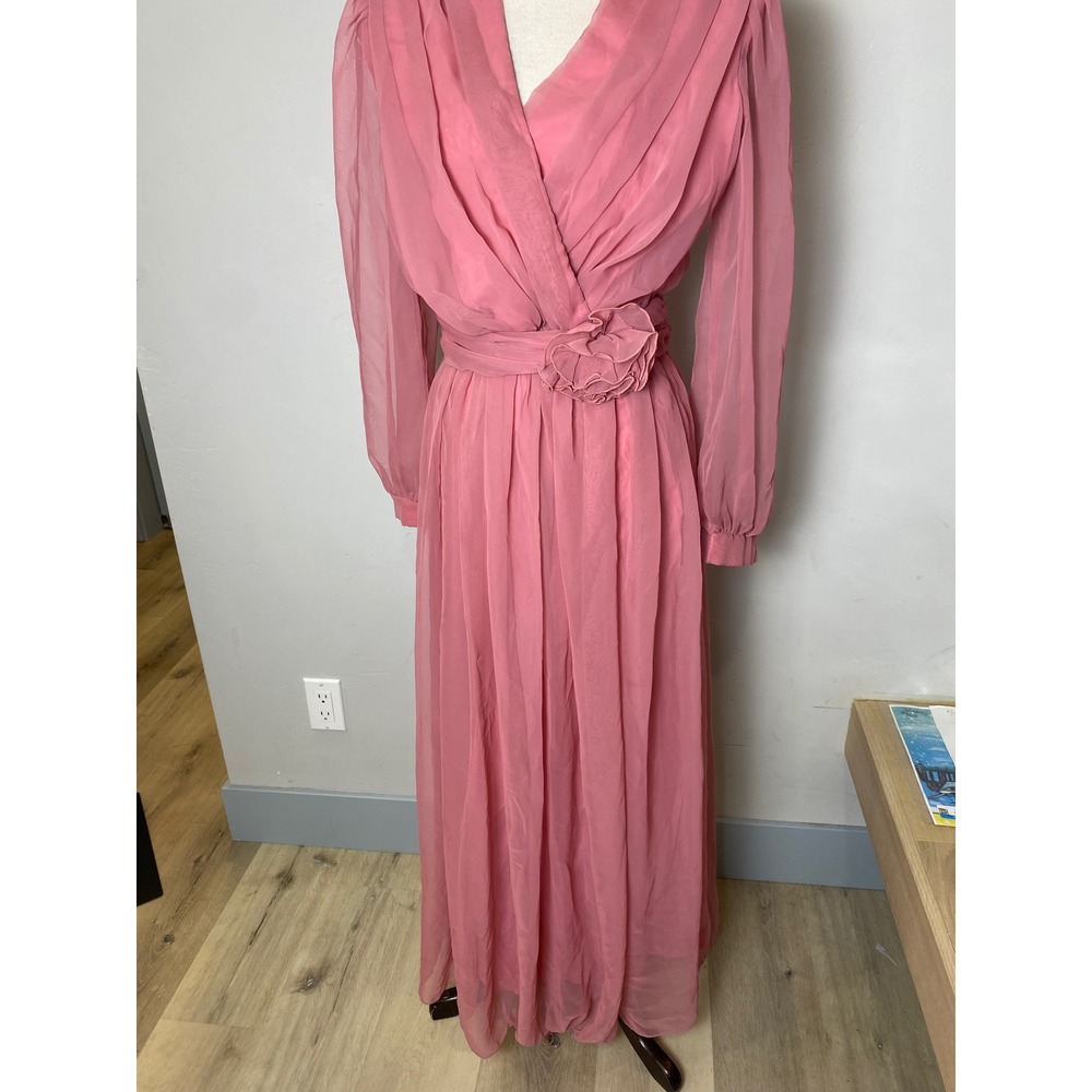 Vintage 70s Pink Chiffon Maxi Dress Floral Waist Long Sleeve Formal Gown V-Neck